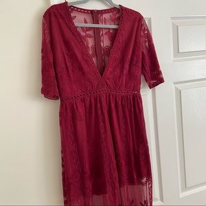 Deep V-Neck Lace Romper Short Sleeve Long Dress